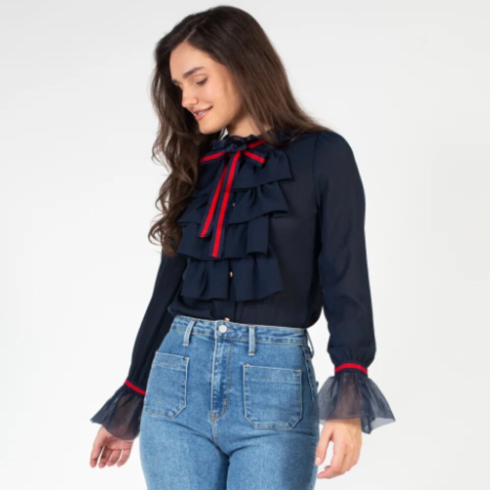 RUFFLE COLLAR & CUFFS FRONT TIE BUTTON DOWN SHEER LONG SLEEVE BLOUSE